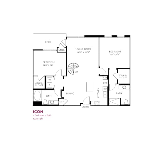 Icon floor plan with two bedrooms and two baths at Metropolis Apartments, IRVINE, 92614