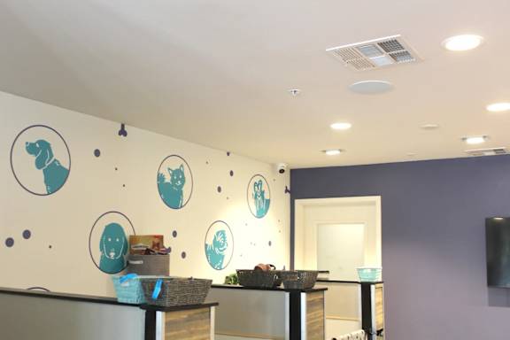 Pet care facility with animal silhouette wall decals at Torrey Gardens Apartments, California, 92130