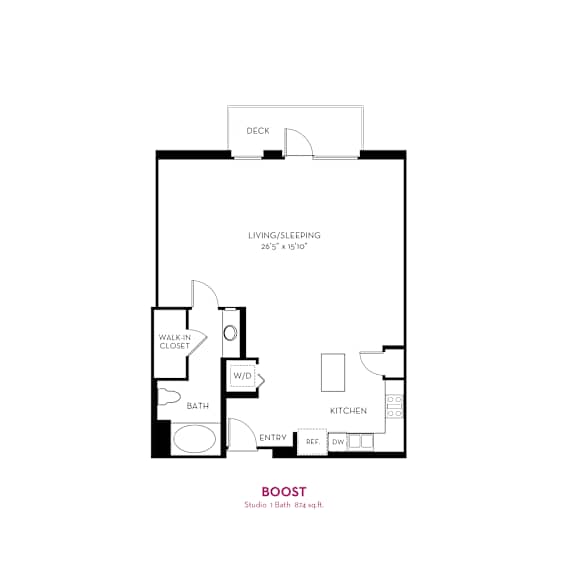 Studio floor plan with deck and walk-in closet at Metropolis Apartments, California, 92614