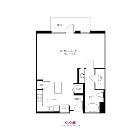 Studio floor plan with living area and deck at Metropolis Apartments, IRVINE, CA 92614