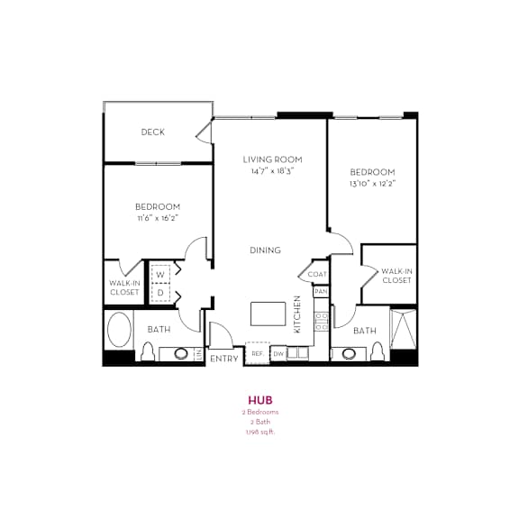 Two bedroom floor plan with dual bathrooms and deck at Metropolis Apartments, IRVINE, CA