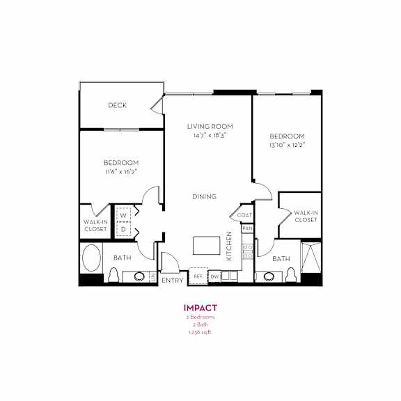 Impact floor plan with two bedrooms and two bathrooms at Metropolis Apartments, IRVINE, 92614