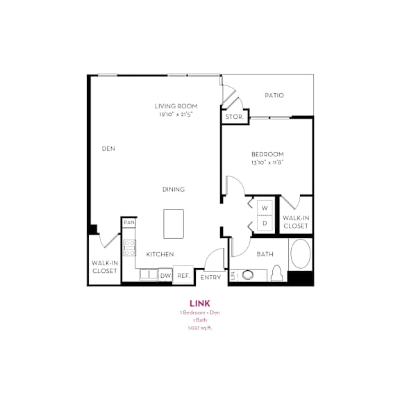 One bedroom floor plan with den and patio at Metropolis Apartments, IRVINE, California