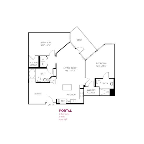 Portal floor plan with two bedrooms and two bathrooms at Metropolis Apartments, IRVINE