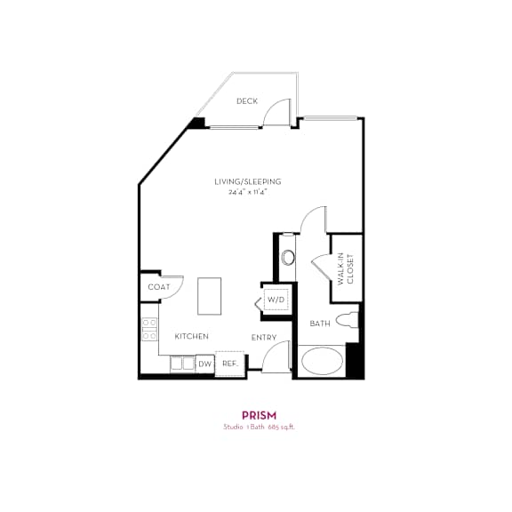Studio floor plan with washer dryer and private deck at Metropolis Apartments, California