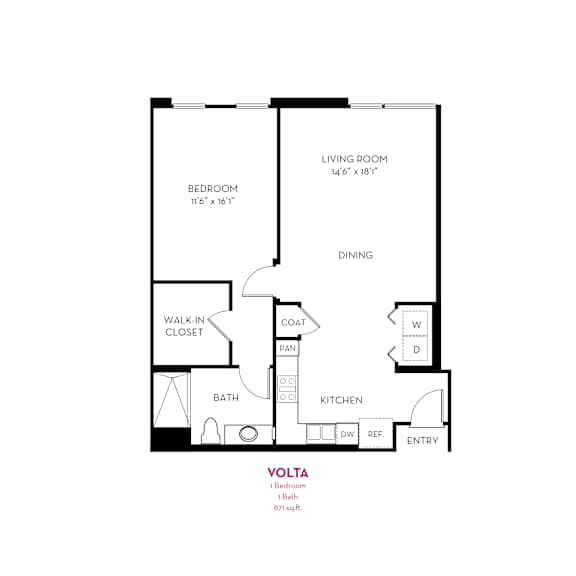 Volta floor plan with one bedroom and bathroom at Metropolis Apartments, IRVINE, CA 92614