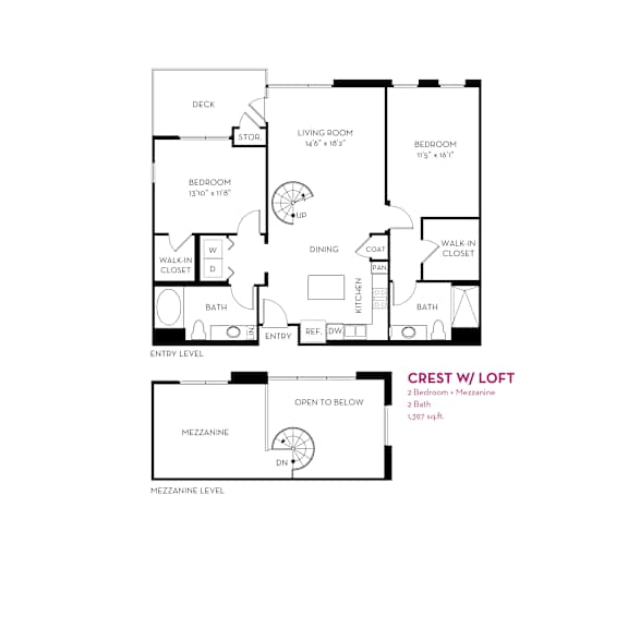 2 bed 2 bath floorplan with mezzanine loft at Metropolis Apartments, California