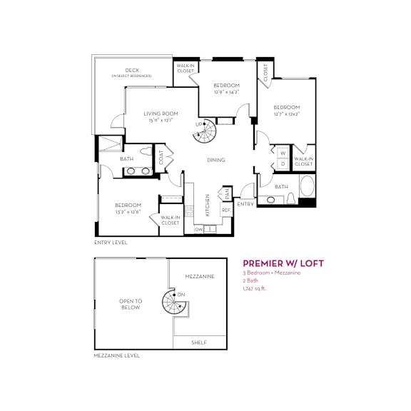 Three bedroom 2 bath floorplan with mezzanine at Metropolis Apartments, IRVINE, California