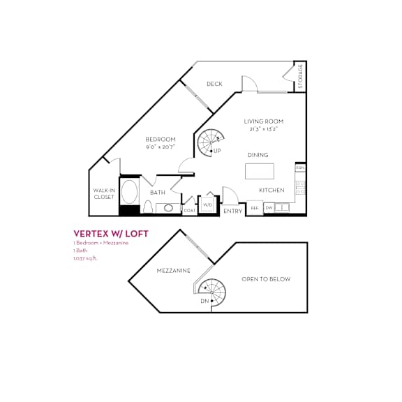 One bedroom 1 bathroom floorplan with deck at Metropolis Apartments, California