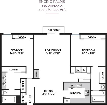 Floor Plan  2B2B Floor Plan at Encino Palms Apartments, Encino, CA