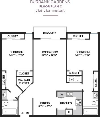 Floor Plan  2Bed 2Bath Floor Plan at Burbank Gardens Apartments, Sherman Oaks, California