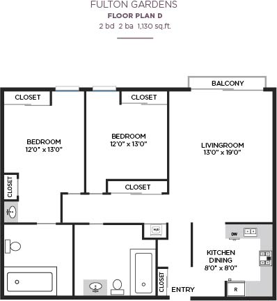 2BD 2BA Floor Plan at Fulton Gardens Apartments, Sherman Oaks, CA, 91423