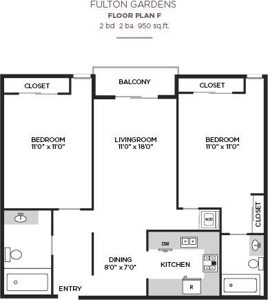 2Bed 2Bath Floor Plan at Fulton Gardens Apartments, Sherman Oaks, 91423