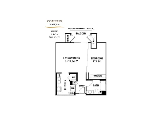 Floor Plan  One bed one bathroom floorplan with balcony at 360 Luxury Apartments, San Diego