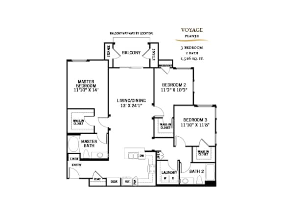 3 bed 2 bath floorplan with balcony at 360 Luxury Apartments, San Diego