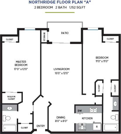 2Bedroom Floor Plan at Northridge Gardens Apartments, Northridge, 91325