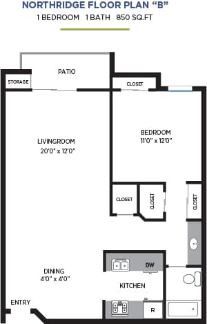 1Bedroom Floor Plan at Northridge Gardens Apartments, Northridge, CA