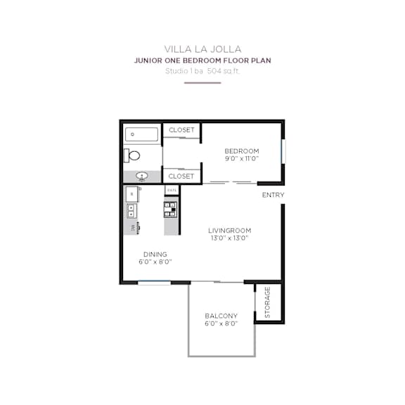 A floor plan for a junior one bedroom apartment at Villa La Jolla.