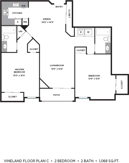 2 Bedroom 2 Bath Floorplan at Vineland Gardens, Studio City, CA