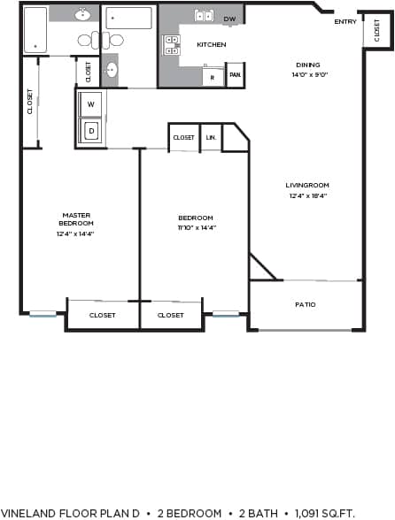 2 Bed 2 Bathroom Floorplan at Vineland Gardens, Studio City