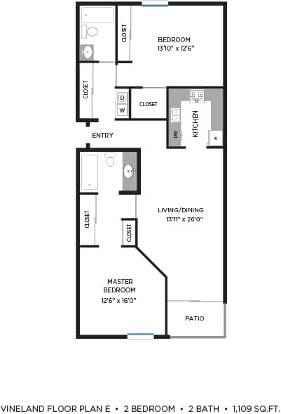 2 Bedroom 2 Bathroom Floorplan at Vineland Gardens, Studio City, 91602