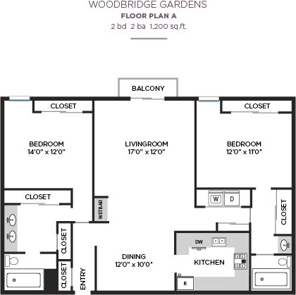 2 Bedroom 2 Bath Floorplan at Woodbridge Gardens, Toluca Lake