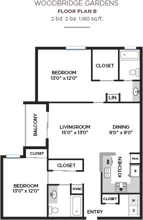 2 Bedroom Floorplan at Woodbridge Gardens, Toluca Lake, CA, 91602