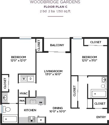 2 Bed Floorplan at Woodbridge Gardens, Toluca Lake, 91602