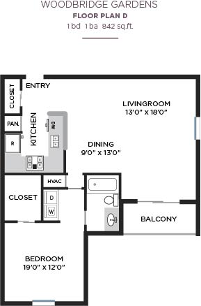 1 Bed Floorplan at Woodbridge Gardens, Toluca Lake