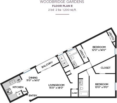 2 Bed 2 Bath Floorplan at Woodbridge Gardens, Toluca Lake, CA