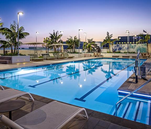 Rooftop lap pool at dusk with palm trees at Elements Apartments, Irvine, CA