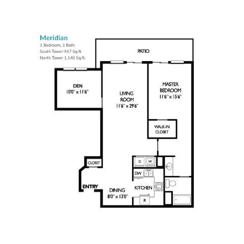 Floor Plan  Meridian With Den Floor Plan at Towers at Costa Verde Apartments, San Diego, CA