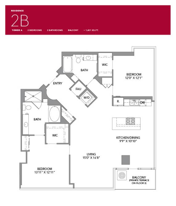 2B Floor Plan at LUX by Garden*, California, 92122