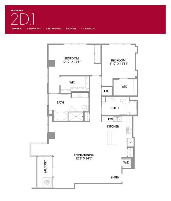 2D1 Floor Plan at LUX by Garden*, California, 92122