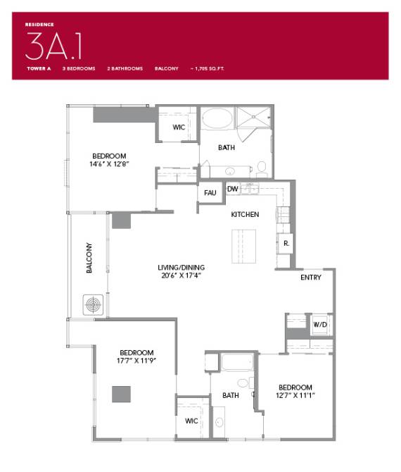 3A1 Floor Plan at LUX by Garden*, California, 92122