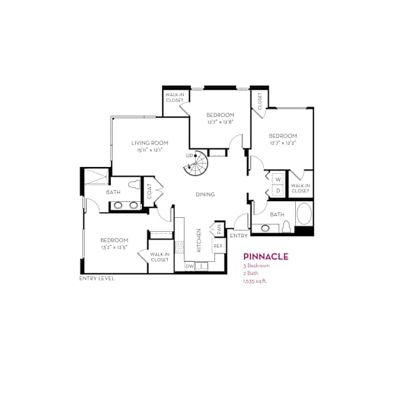 Pinnacle three bedroom floor plan with dual walk-in closets at Metropolis Apartments, IRVINE, CA