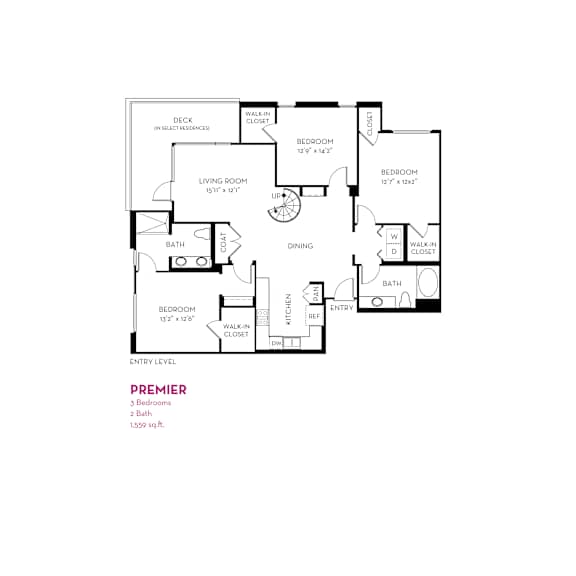 Premier floor plan with three bedrooms and two bathrooms at Metropolis Apartments, IRVINE, 92614