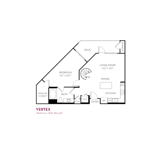 One bedroom floor plan with spiral staircase and deck at Metropolis Apartments, IRVINE