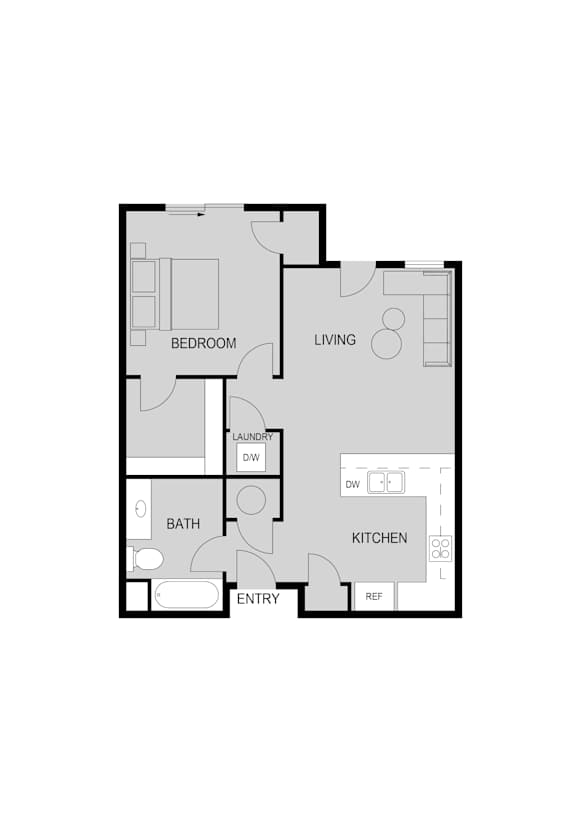 A floor plan of a house with a bedroom, living room, kitchen, bathroom, and laundry area.