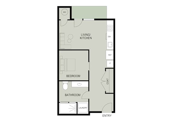 A floor plan of a house with a living kitchen, bedroom, bathroom and laundry.