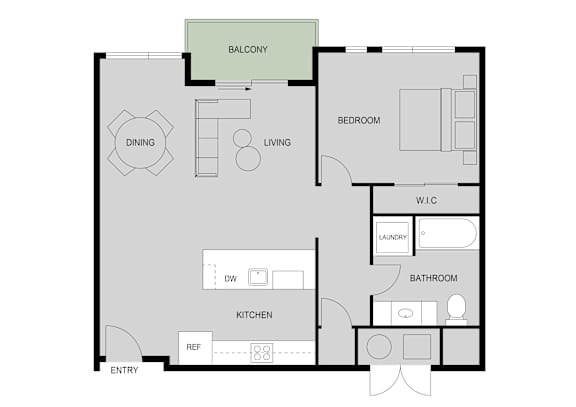 A floor plan of an apartment with a balcony, dining area, living room, kitchen, bathroom, and laundry room.