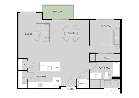 A floor plan of an apartment with a living room, dining room, kitchen, bathroom, laundry, and balcony.