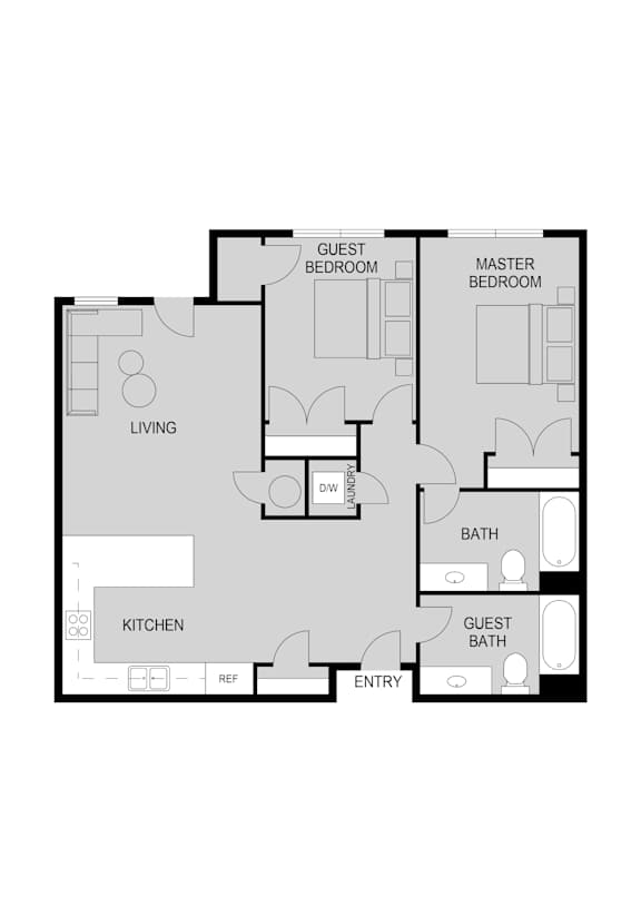 A floor plan of a house with two bedrooms, a living room, a kitchen, a bathroom, and an entry.