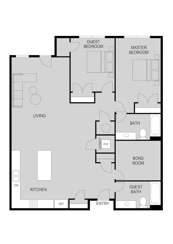 A floor plan of a house with two bedrooms, a living room, a kitchen, a bathroom, a laundry room, a bons room, and an entry.