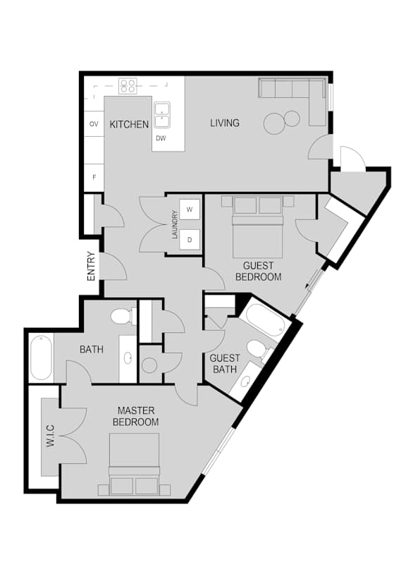 A floor plan of a house with a kitchen, living room, and three bedrooms.