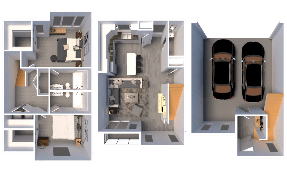 a 3d rendering of a floor plan and layouts of a house