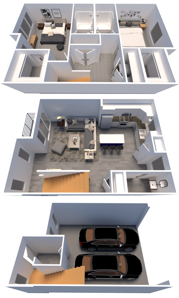 a 3d rendering of a house and a floor plan with a car