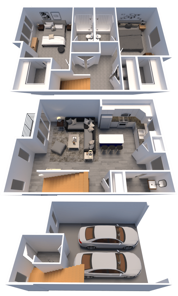 a 3d rendering of a house and a floor plan with a car