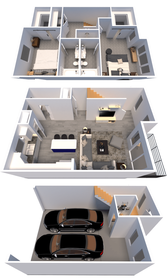 a 3d rendering of a house and a floor plan with a car