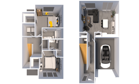 a rendering of a floor plan and a view of the interior of a house